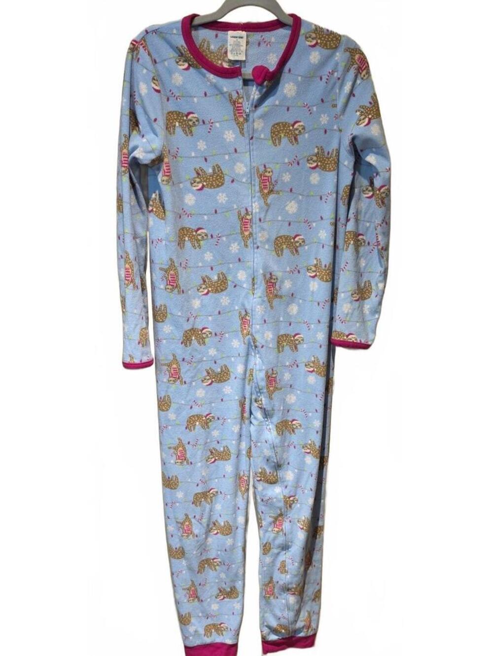 Lands' End Blue sloth Christmas Fleece One Piece Sleepwear PJs Unisex Youth 18